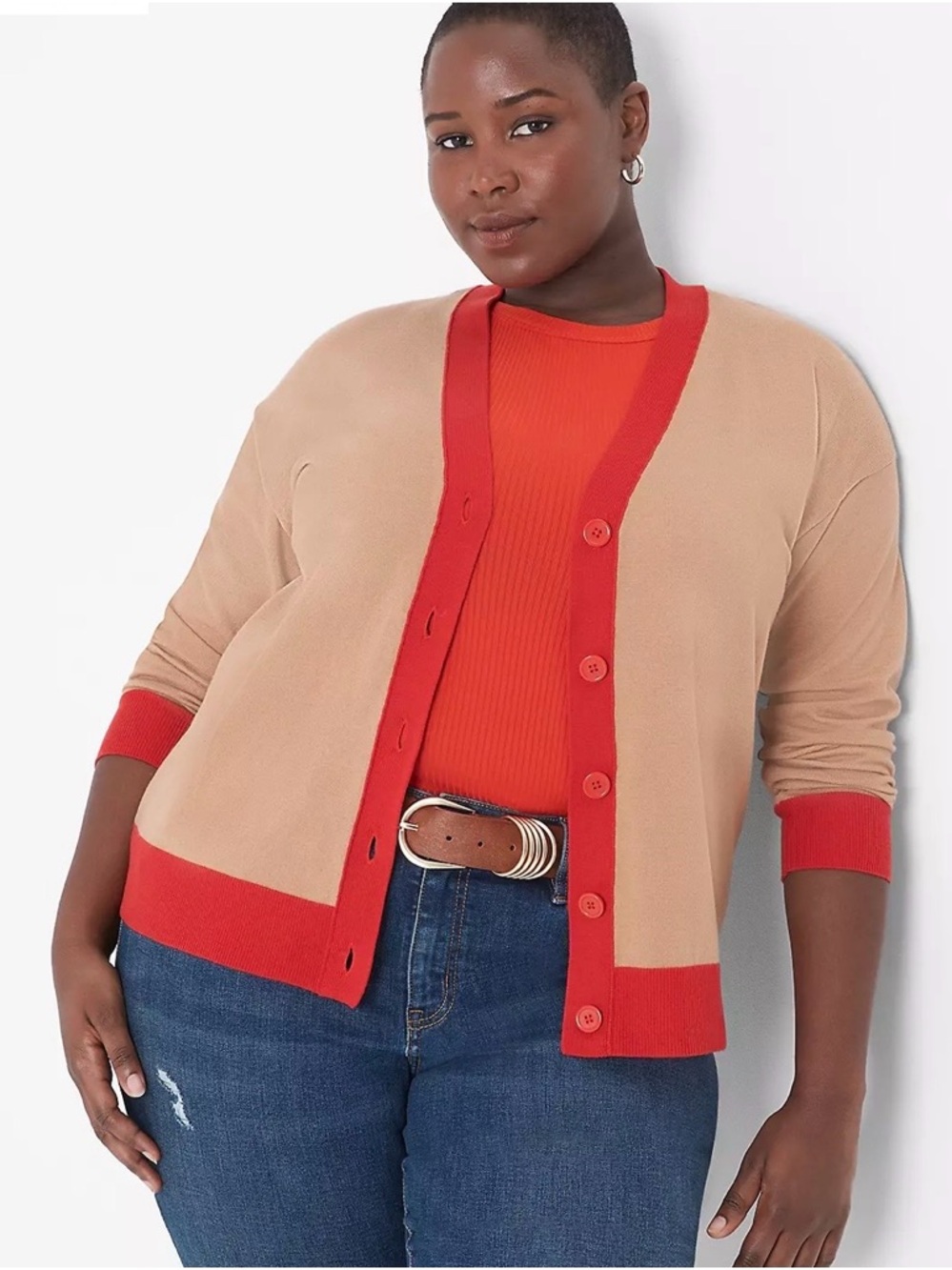 NEW Lane Bryant Women’s 18/20 Tan Red Button V-Neck Colorblock Cardigan
